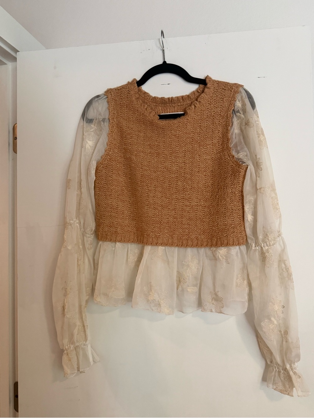 Anthropologie Cream Sheer Blouse with Tan Knit Overlay Vest
